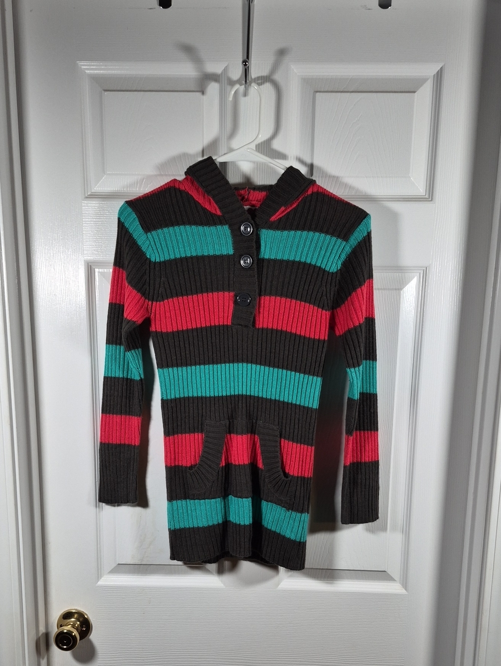 Derek Heart Striped Hooded Sweater Dress - Black, Teal & Red